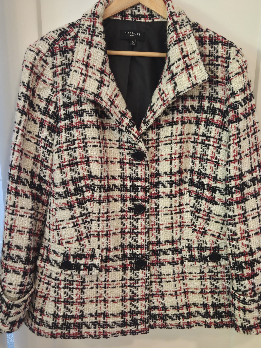 Talbots Tweed Bouclé Plaid Jacket 18 Red Black Cream Classiccore Preppy Heritage